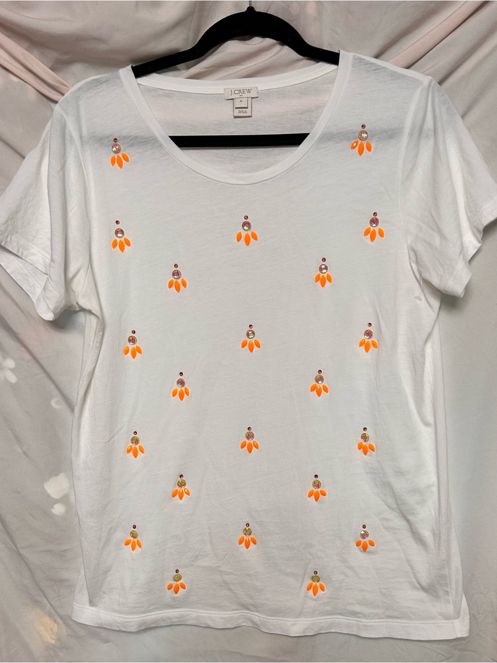 J. Crew White Short Sleeve Tee with Orange Seedling Embellishments